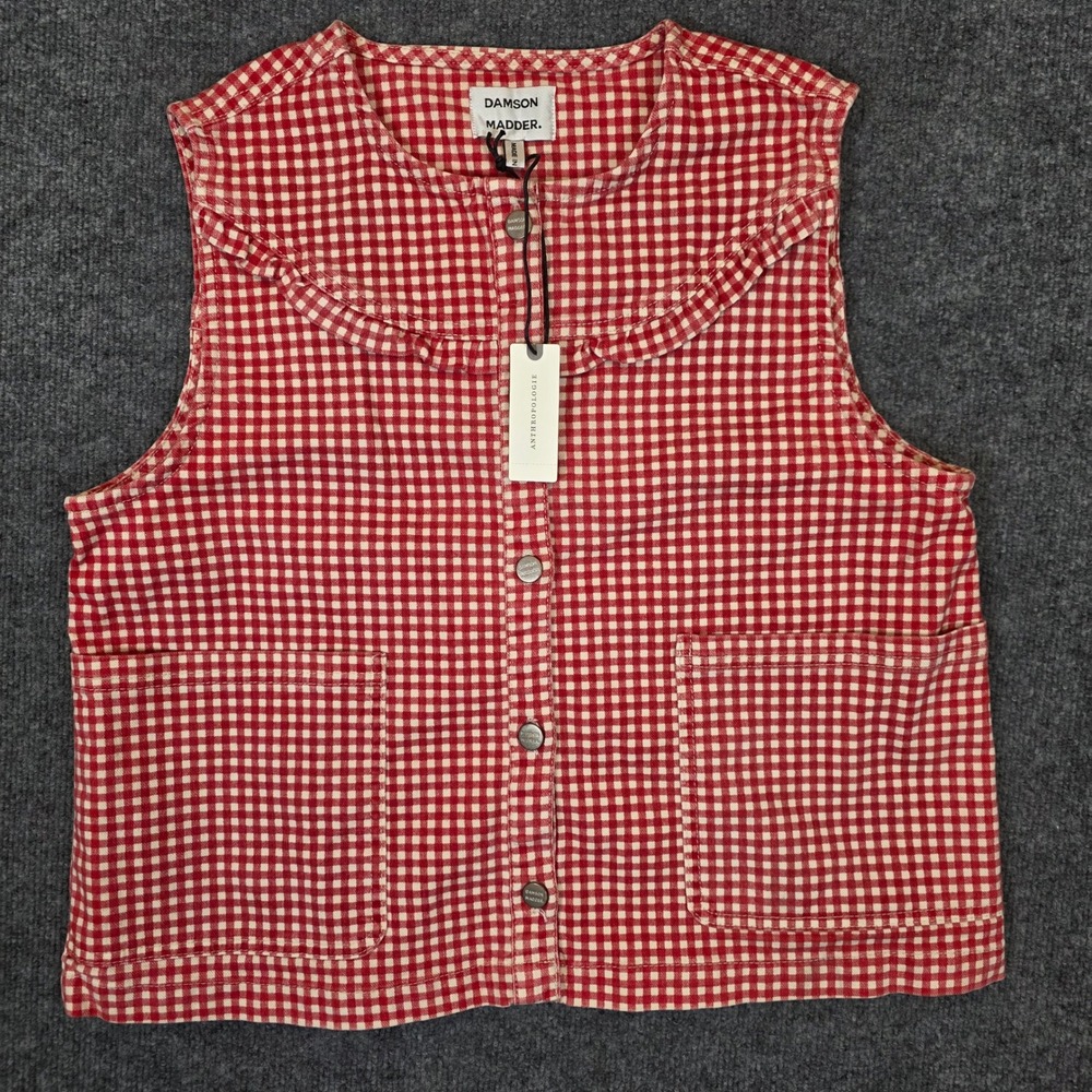 Damson Madder Mari Gilet 14 Red Gingham Ruffle Organic Cotton Button Front NWT - Picture 1 of 11